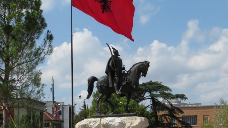 Skenderbej Square Tirana with flag